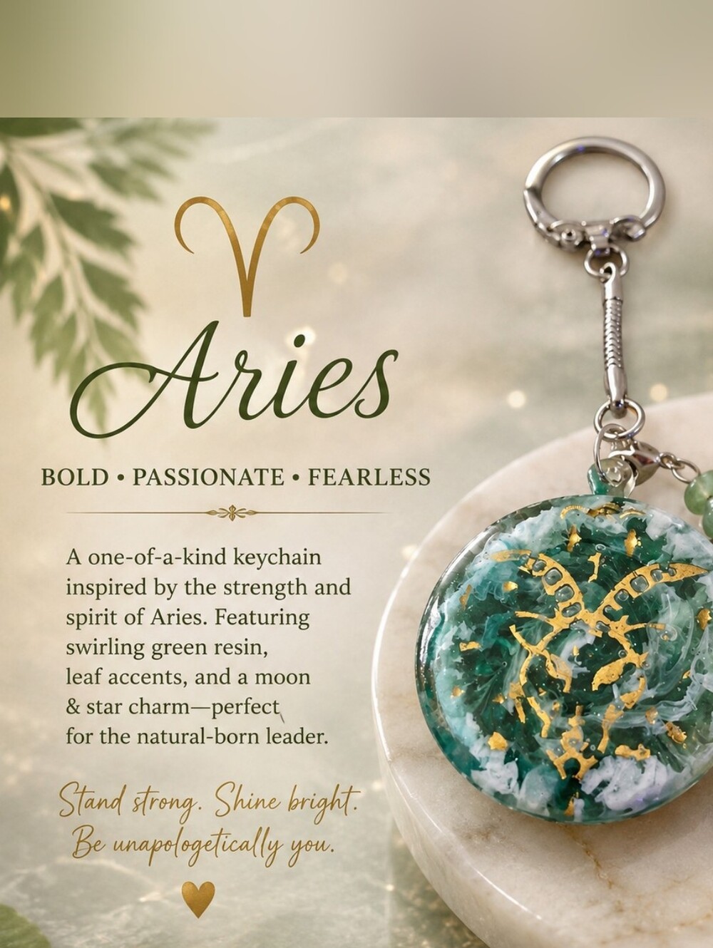 Aries Green Swirling Resin Keychain with Gold Trim